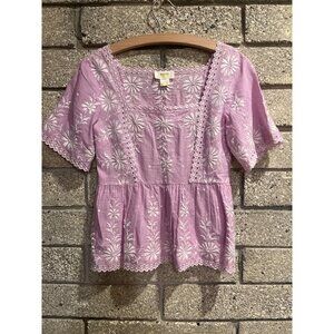 Maeve By Anthropologie Purple Embroidered Floral Peasant Blouse Top Womens XS Bo